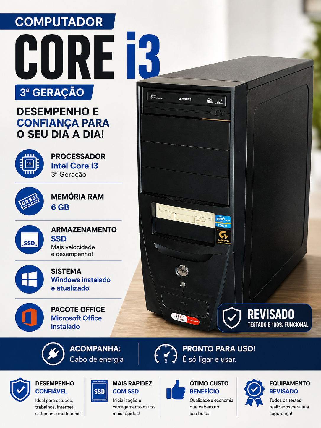 PC Desktop Intel Core i3 3ª Ger. | 6GB RAM | SSD 120Gb | Pacote Office